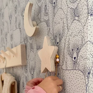 Crochets muraux en bois chambre d’enfant | Étoile et lune - naturel